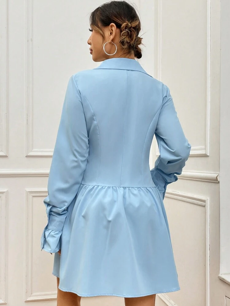 Ladies' Solid Color Button Up Waist-Cinching Ruffle Hem Long Sleeve Dress Fall Cloth For Women