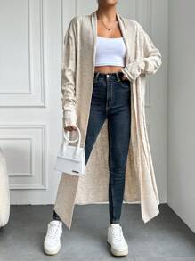 SHEIN Cottnline كارديجان نسائي بأكمام طويلة وكتف منسدل - بيج - مشاهدة 1