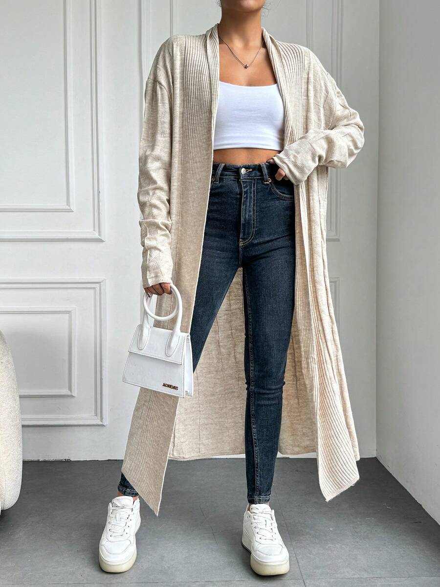 SHEIN Cottnline كارديجان نسائي بأكمام طويلة وكتف منسدل - بيج - مشاهدة 1