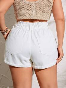 SHEIN LUNE Của phụ nữ Kích thước lớn Màu thuần Quần short Denim Với Nghiêng Túi Và Cán Hem - trắng - Xem 2