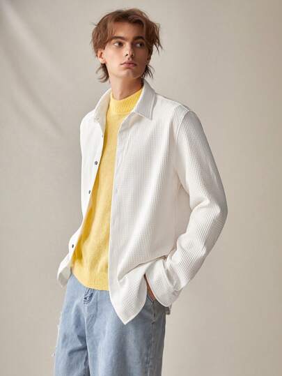 Manfinity RebelGame Camisa De Manga Larga Para Hombre Con Botones, Tejido De Gofre Con Corte Holgado