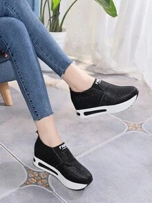 女款新款休閒鞋增高韓版輕盈透氣舒適厚底鞋子休閒運動鞋 - 黑色 - 查看 6