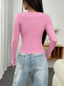 SHEIN EZwear Women's Solid Color Buttoned Half-Front Long-Sleeved T-Shirt - Pink - View 2
