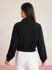 HELLO KITTY AND FRIENDS | SHEIN Cartoon Letter Print Zip-Up Half Placket Hoodie - Black - View 2