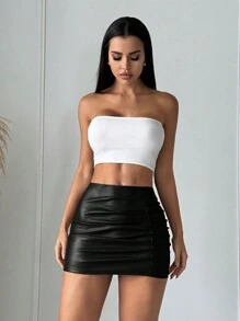 SHEIN SXY Falda acanalada para mujer, falda mini ceñida de cintura alta negra lisa con cremallera, falda de mujer sexy con pliegues para primavera/otoño, uso casual diario - Negro - Ver 4