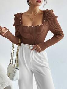 SHEIN Privé 女式珍珠裝飾泡泡袖方領毛衣 - 棕色 - 查看 4