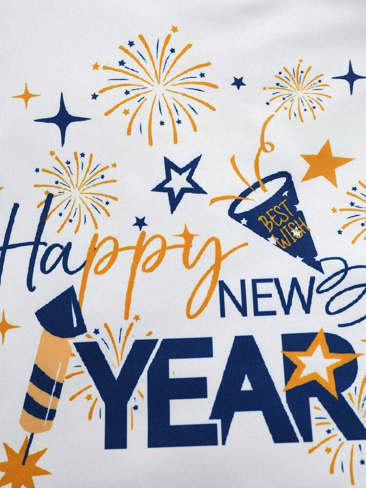 4pcs/Set Young Boy New Year Slogan Printed Casual Round Neck T-Shirt And Shorts Snug Fit Homewear