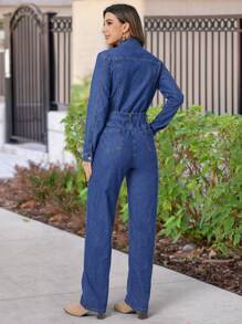 SHEIN LUNE Women'S Long Sleeve Denim Jumpsuit With Shirt Collar - Blue - View 2