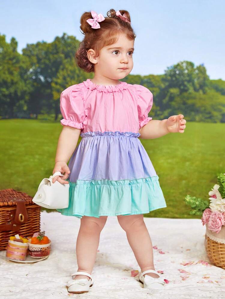 Baby Girl Casual Color Block Bubble Short Sleeve Dress With Ruffle Hem