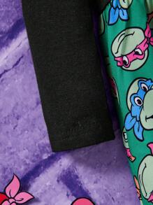 TEENAGE MUTANT NINJA TURTLES | SHEIN Baby Girl Cartoon Turtle Print Long Sleeve Dress With Bow Decoration - Black - View 3