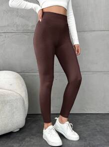 SHEIN Cottnline Leggings De Couleur Unie Pour Femmes - Marron fonçé - Voir 5