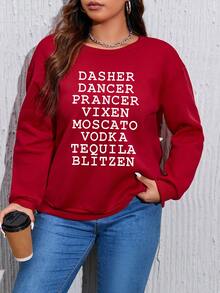 SHEIN EZwear Women's Plus Size Slogan Printed Round Neck Drop Shoulder Sweatshirt - Red - View 4