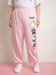 HELLO KITTY AND FRIENDS | SHEIN Plus Cartoon Print Elastic Waist Joggers - Pink - View 3
