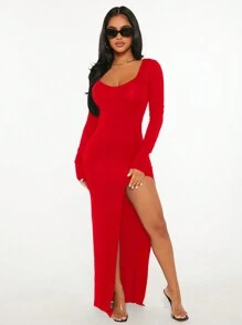 SHEIN PETITE Sweetheart Neckline Side Slit Dress For Women - Red - View 5