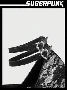 Sugerpunk Y2k風格女士性感蕾絲、網眼和刺繡高跟鞋,防水底座,圓頭,黑色泵浦鞋 - 黑色 - 查看 3