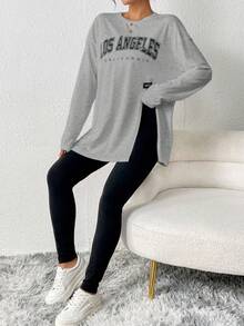 SHEIN Essnce Ladies' Two Piece Set With Split Letter Printed Top And Solid Color Leggings - Light Grey - View 6