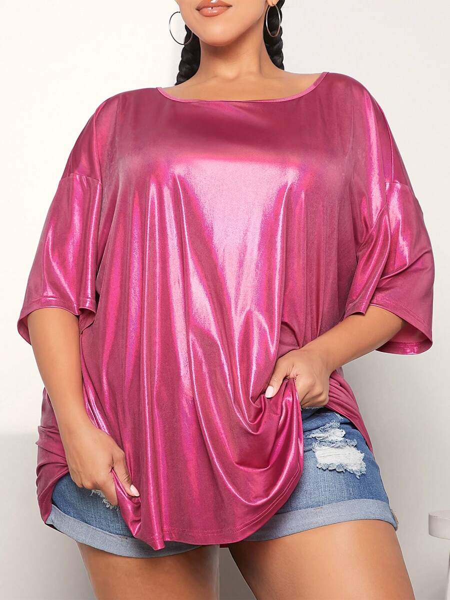 SHEIN CURVE+ Blusa De Talla Grande Con Hombros Caídos Y Mangas De Color Sólido - Rosa Fucsia - Ver 1