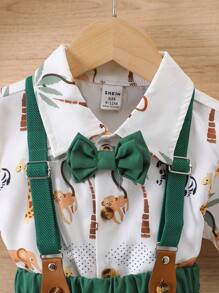SHEIN 2 Bộ áo ngắn tay in hình động vật cho bé trai + Bộ quần short thường ngày, thanh lịch cho tiệc sinh nhật, đám cưới, lễ đặt tên, sinh nhật 1 tuổi - màu xanh lá - Xem 3