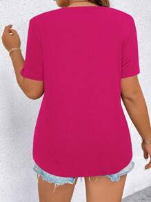 Calvaya Camiseta De Manga Corta Con Estampado De Cuerpo Para Mujeres De Talla Grande - Rosa Fucsia - Ver 2