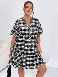 SHEIN Essnce Women's Summer Plus Size Loose Fit Plaid Shirt Dress With Drawstring Waist And Notch Neckline