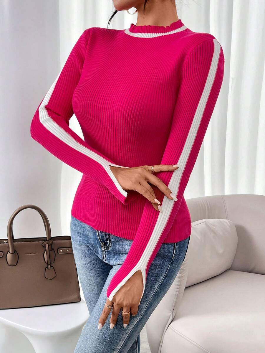 Chiquease 女士立領開叉袖口毛衣套頭衫 - 玫紅色 - 查看 1