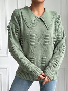 EURMUSE Kết cườm Chi tiết Cổ áo tây Tay áo dài Áo len - Màu xanh Bạc hà - Xem 4