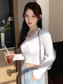 DAZY Women's Round Neck Long Sleeve Sweater Fall - White - View 4