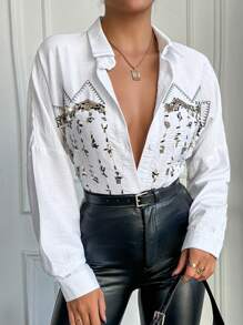 EURMUSE Beaded Embroidery Button Up Long Sleeve Drop Shoulder Shirt - White - View 5