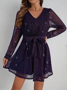 SHEIN Frenchy Women's V-Neck Mesh Long Sleeve Sparkly Dress - Purple - View 1