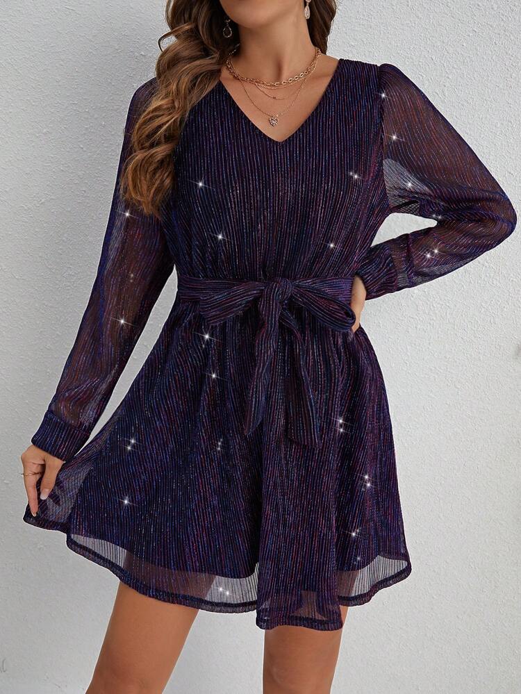 Women's V-Neck Mesh Long Sleeve Sparkly Dress