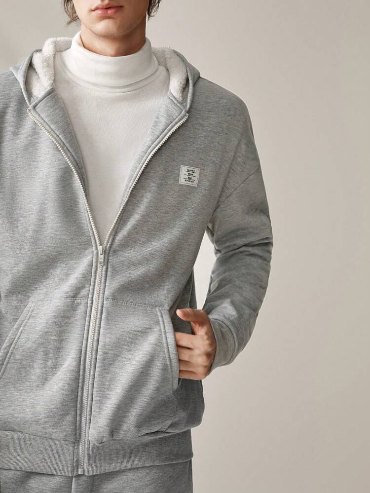 Men Letter Patched Zip Up Hoodie & Sweatpants Without Tee, For Fall Winter