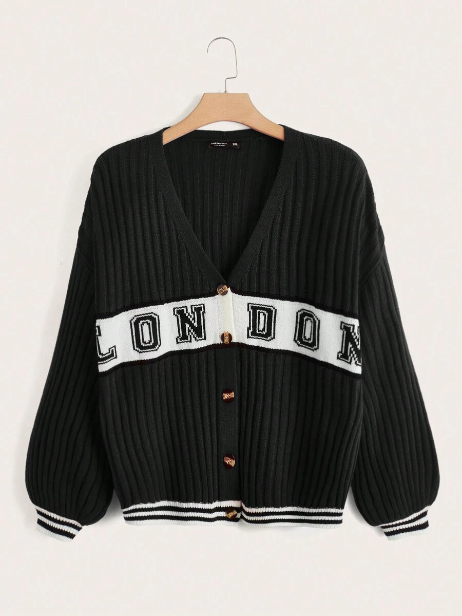 SHEIN EZwear 大尺碼女士倫敦印花釦扣針織衫 - 黑色 - 查看 1