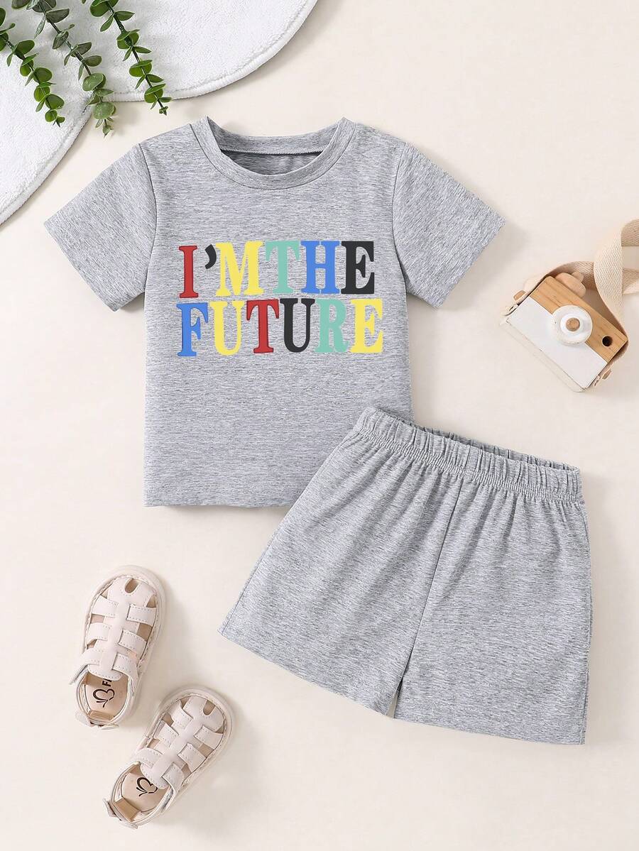 Baby Boys' Slogan Printed Top And Solid Shorts Casual Comfortable Home Outfit - Black - View 1