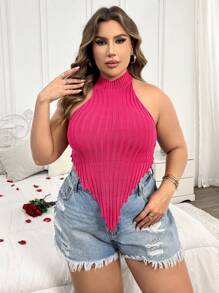 Flirla Kích thước lớn Màu thuần Halter Neck Dệt kim Áo ba lỗ Với Không lưng Thiết kế - Màu Hồng Tươi - Xem 6