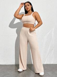 SHEIN EZwear Conjunto De Top Corto Y Pantalones Para Mujeres De Talla Grande - Albaricoque - Ver 3