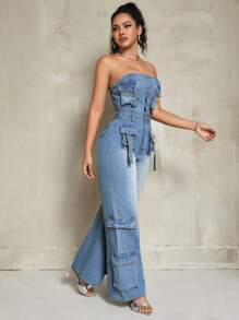 SHEIN SXY 附蓋口袋水洗牛仔背帶褲連身褲 - 淺色水洗藍 - 查看 4