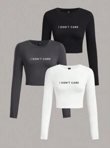 SHEIN EZwear 3入組簡約口號長袖女緊身T恤，我不在乎 - 彩色 - 查看 1