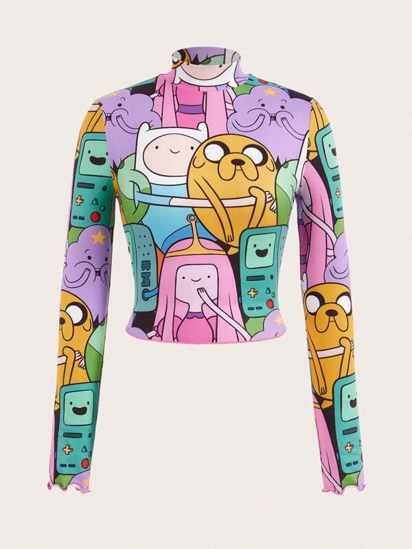 ADVENTURE TIME X SHEIN Tricou cu mânecă lungă și cu gât fals cu imprimeu desenat