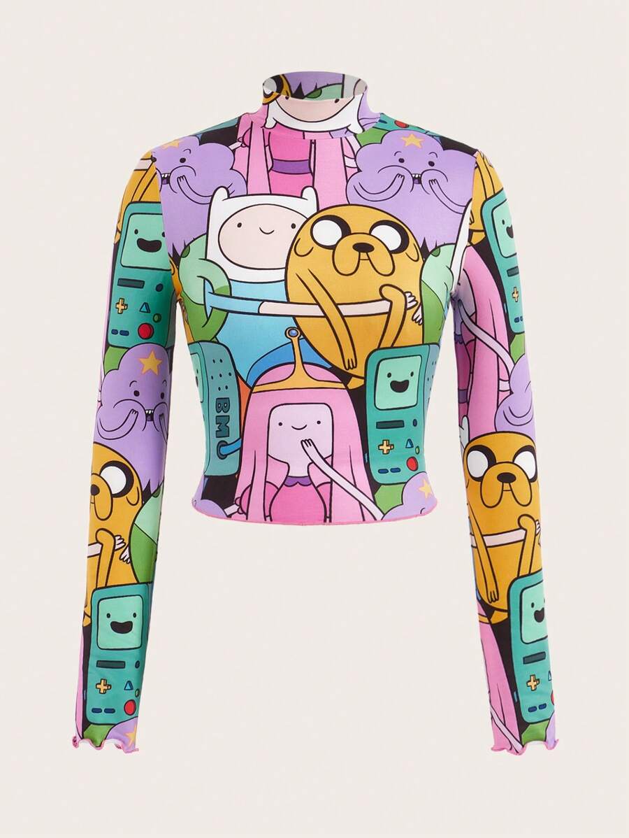 ADVENTURE TIME X SHEIN Cartoon Printed Long Sleeve Mock Neck T-Shirt