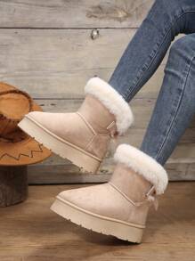 2025 Winter Women's Thick Sole High-Top Snow Boots With Bow, Warm Lace-Up Casual Snow Boots,Fur Boots - Beige - View 3