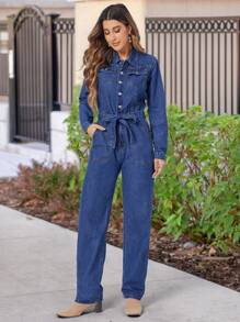 SHEIN LUNE Women'S Long Sleeve Denim Jumpsuit With Shirt Collar - Blue - View 1