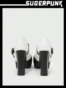 Sugerpunk Y2k 女款黑白拼色防水台厚跟鞋 - 白色 - 查看 9