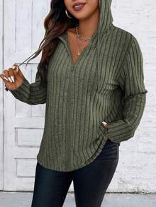 SHEIN LUNE 女士加大碼純色肋紋拉鍊前帽兜外套 - 軍綠色 - 查看 4