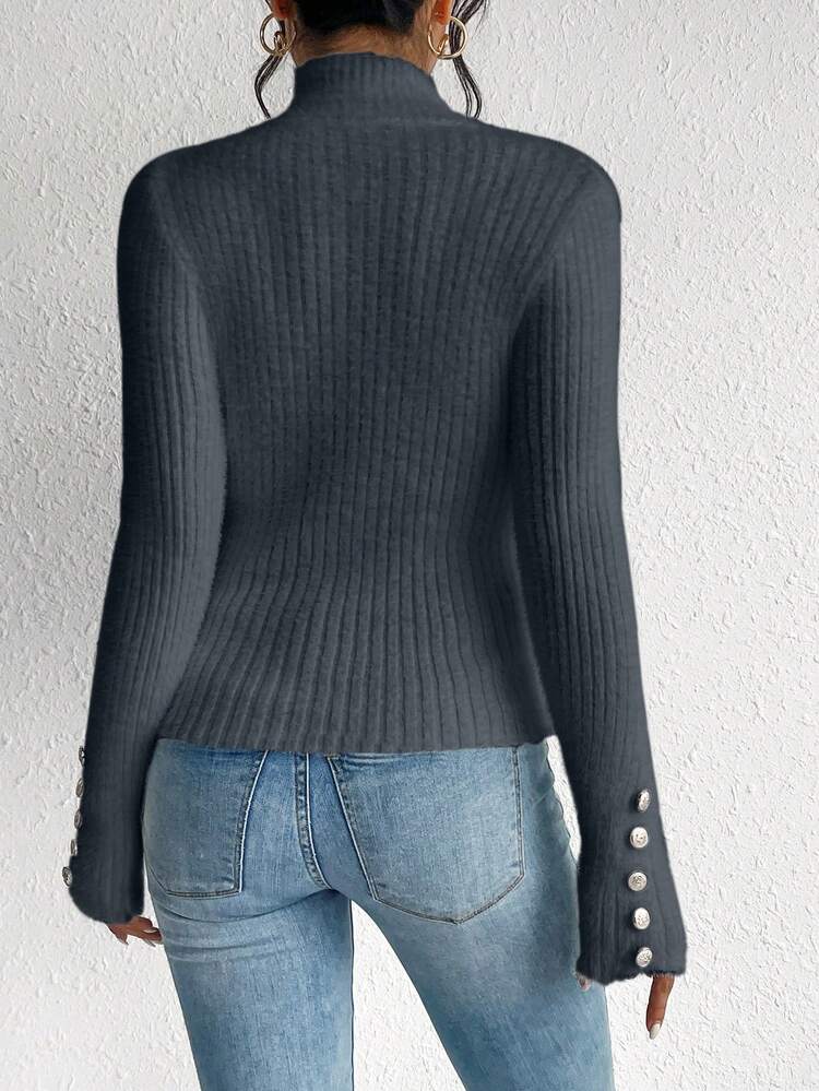 Women's High-Necked Button Detail Ribbed Knit Sweater Winter Casual Blue