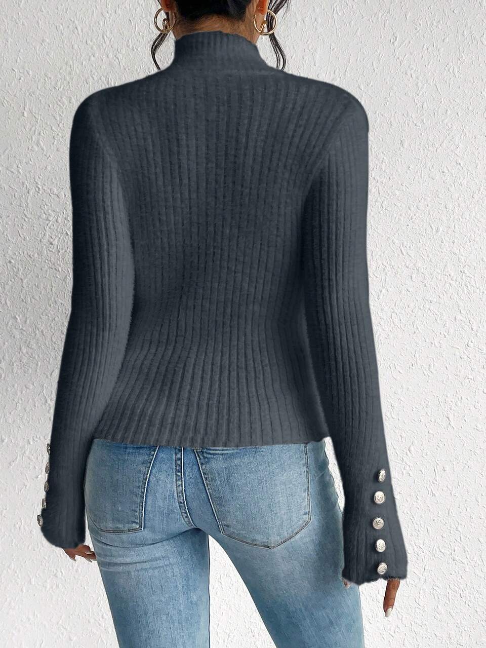 Women's High-Necked Button Detail Ribbed Knit Sweater Winter Casual Blue