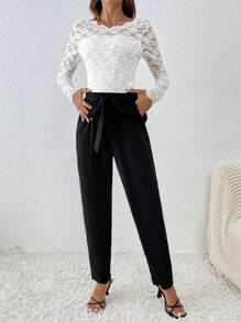 SHEIN Frenchy Damen Langarm Spitzenoberteil Und Zulaufende Hose Set - Schwarz und Weiss - Übersicht 5