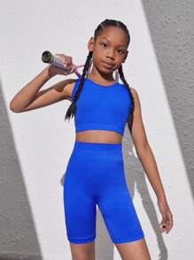 SHEIN 適合青少年女孩的運動服套裝,包括無縫運動背心和短褲,藍色,適用於戶外運動,健身,瑜伽和有氧運動活動 - 藍色 - 查看 3
