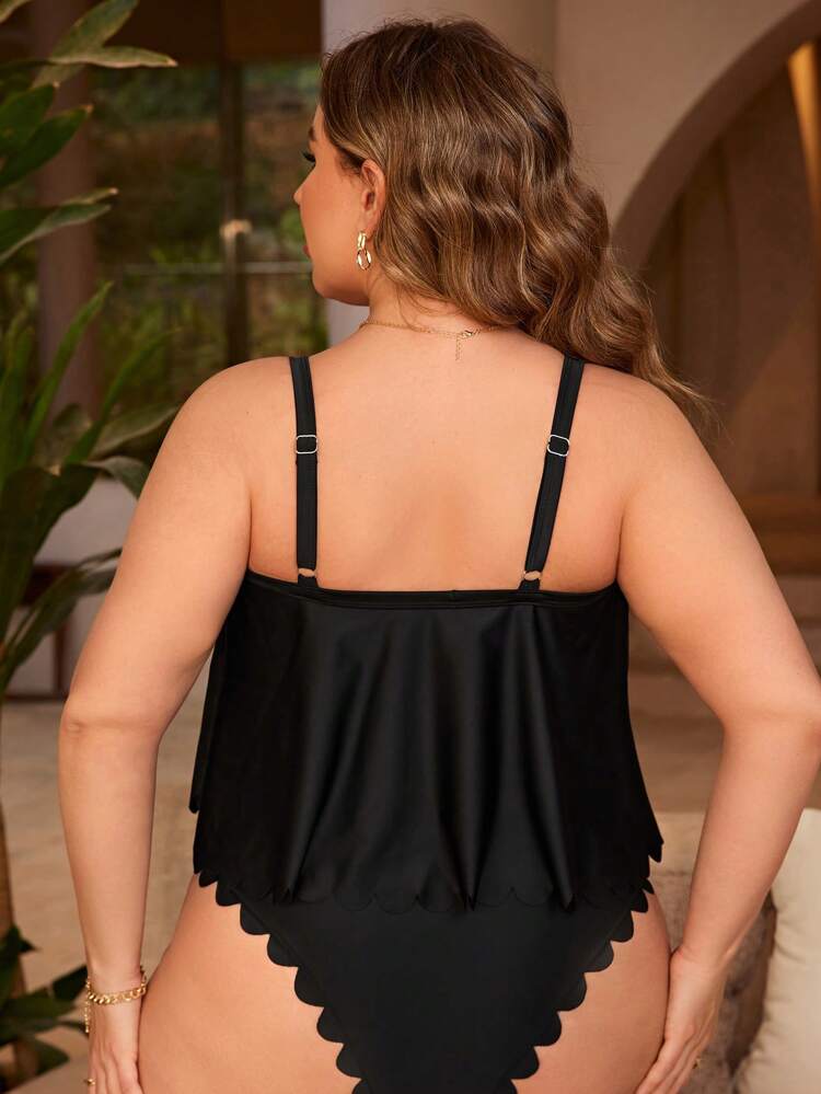 Plus Size Solid Color Bikini Set With Scalloped Edge Detail Summer Beach
