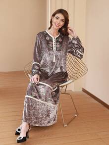 印花流蘇細節阿拉伯洋裝 - 卡其色 - 查看 6