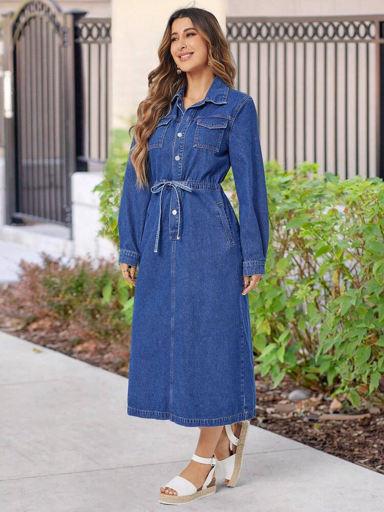 Women's Denim Drawstring Waist Dress Fall Cloth For Women